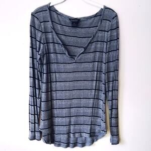 Lucky Brand Womens XL Henley Thermal Top Lightweight Gray Black Mesh Stripe Fall
